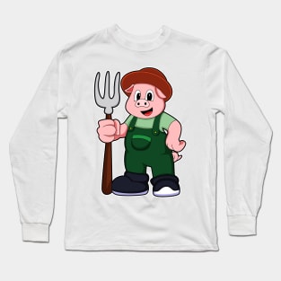 Pig at Farmer with Rake Long Sleeve T-Shirt